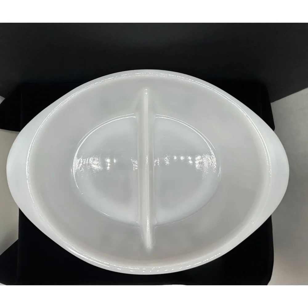 Glasbake J2352 Milk Glass Divided Serving Dish Green Floral Vine Oval Vintage